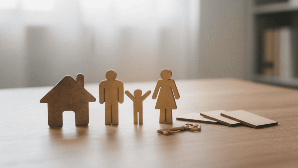Figuras de madera de una familia, una casita de madera y una llave antigua sobre una mesa