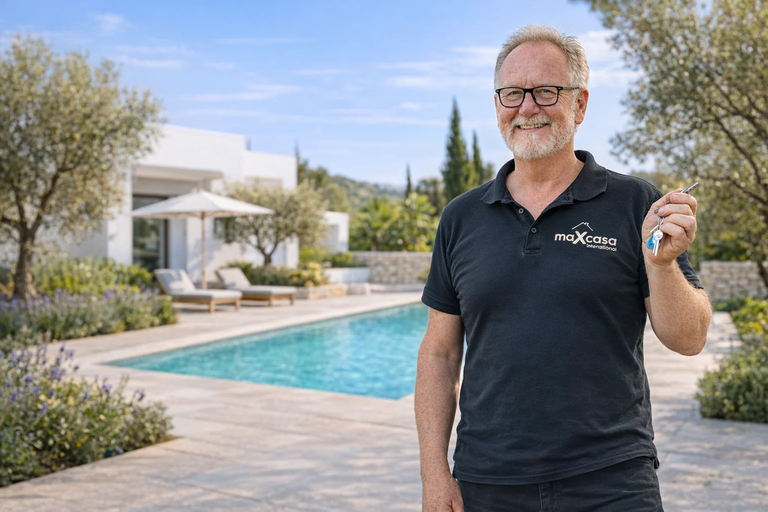 Max, of maXcasa International, in the garden of a villa with a pool